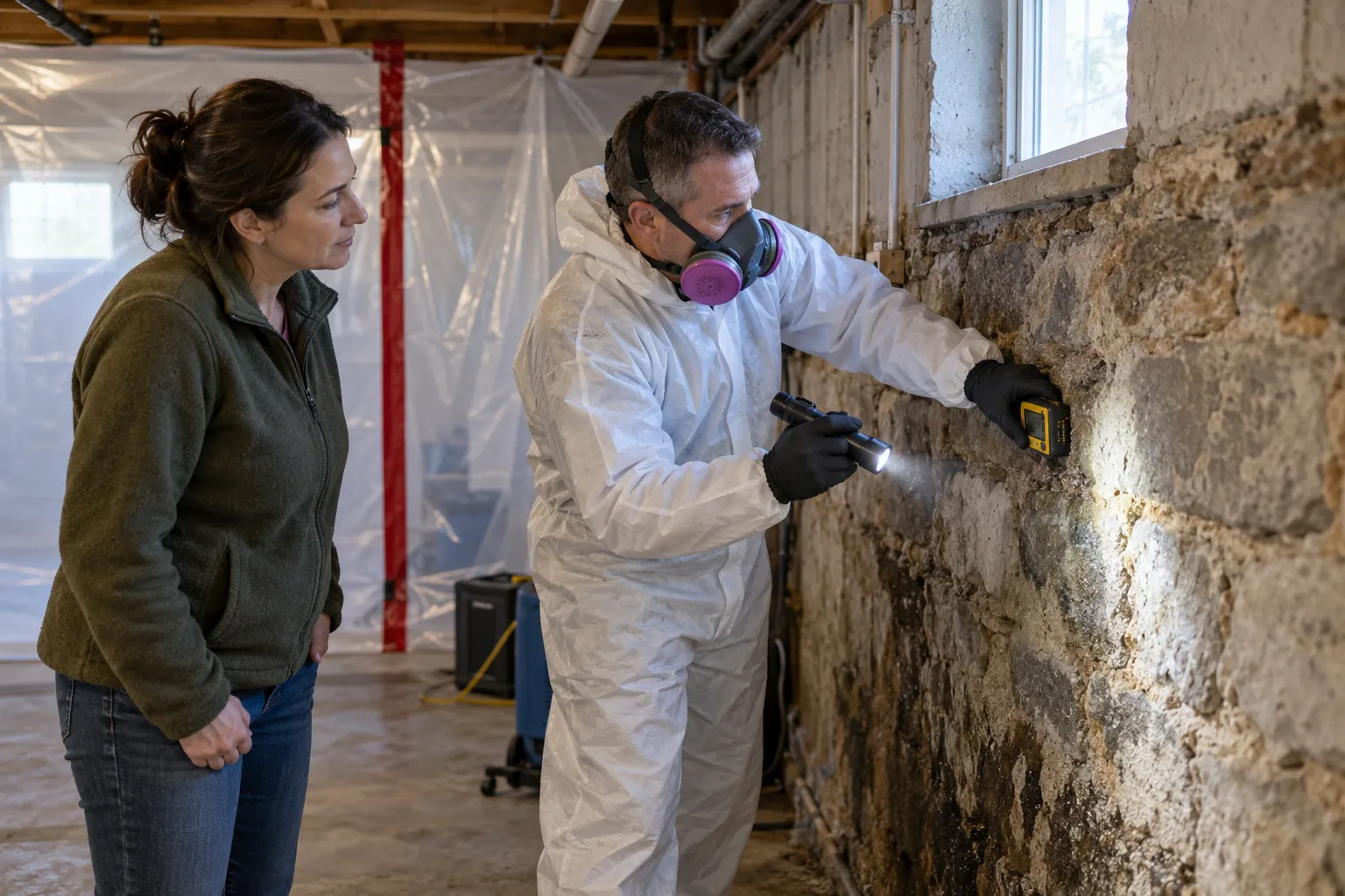 Technician removing dark mold from a bathroom ceiling