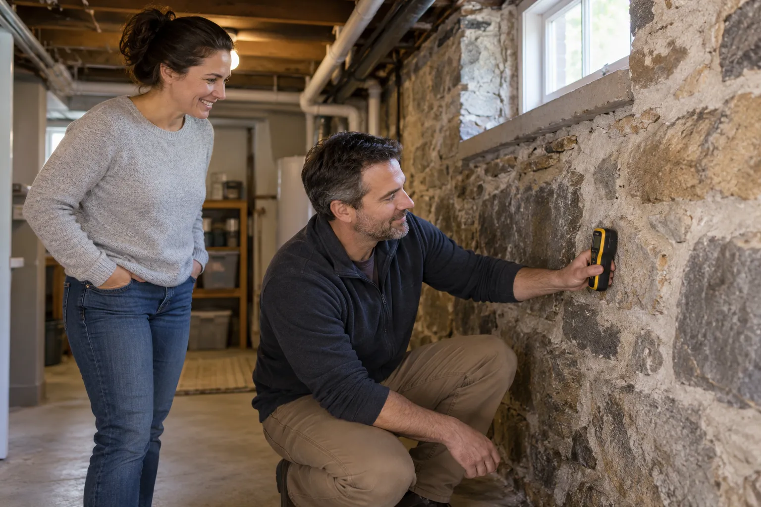 Mold inspector using a thermal camera on a wall