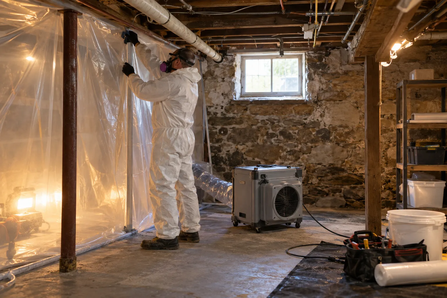 Mold remediation work area sealed with plastic sheeting